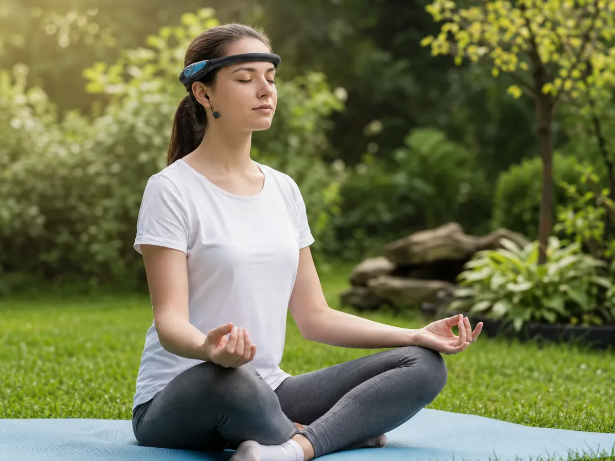 Femeie meditând în grădină, purtând NEUROS Focus